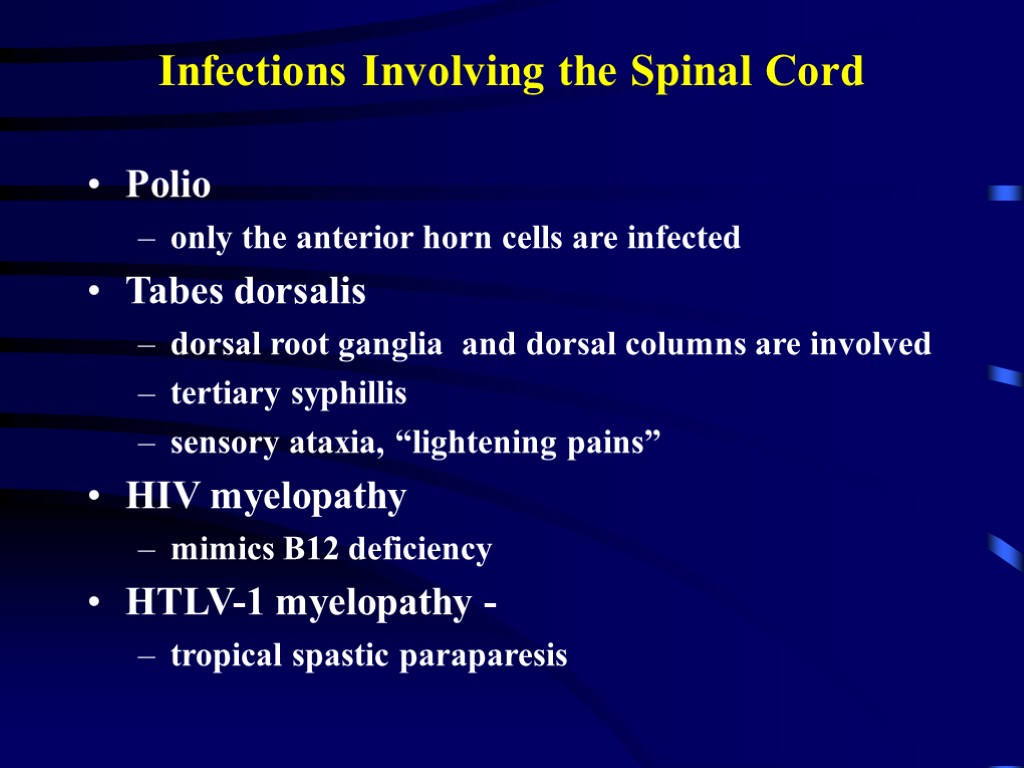Infections Involving the Spinal Cord Polio only the anterior horn cells are infected Tabes